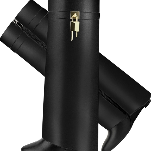 Shoes - Black Knee-High Boots with Gold Accent